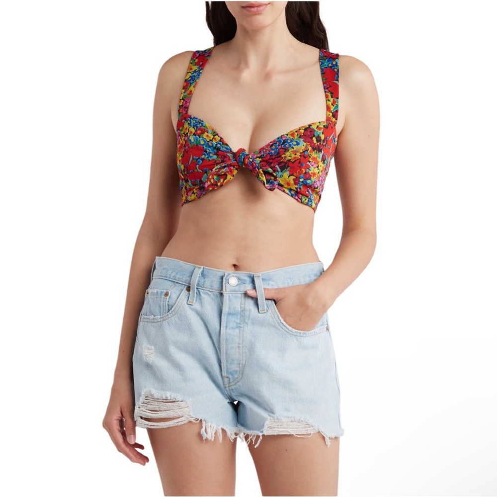 NWT Show Me Your MUMU Kaden Red Floral Crop Bow-front Tie V-Neck Top Small S